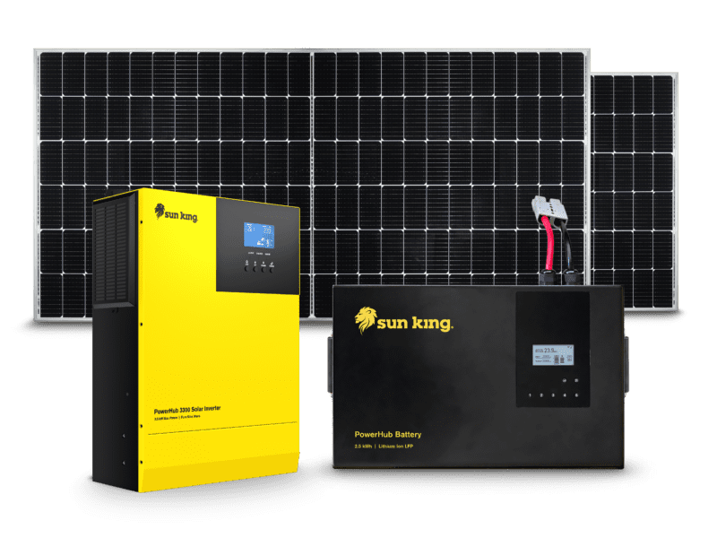 Image showing the inverter, battery and solar panel components of the PowerHub 3300.