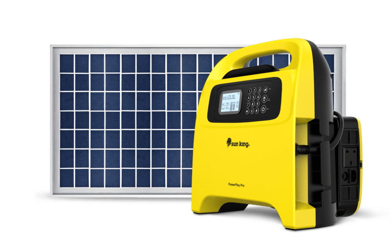 Image of the PowerPlay Pro affordable solar inverter system in front of a solar panel.